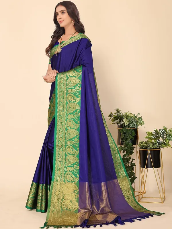 Royal_Blue_Silk_Premium_&_Elegant_(_Zari_Paisley_Pattern_Broad_Border_)_Banarasi_Saree_With_Blouse_Piece_For_Women