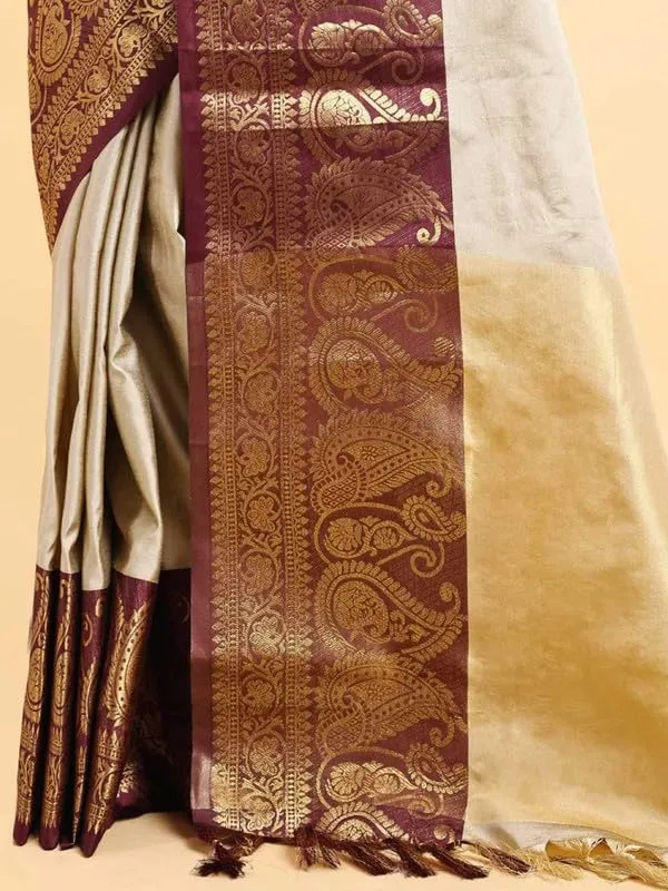 Beige_Silk_Premium_&_Elegant_(_Zari_Paisley_Pattern_Broad_Border_)_Banarasi_Saree_With_Blouse_Piece_For_Women