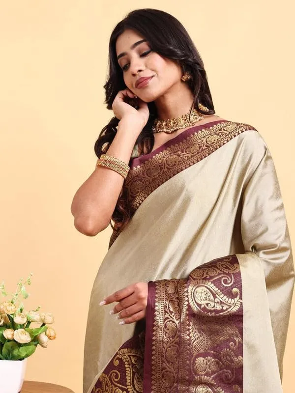 Beige_Silk_Premium_&_Elegant_(_Zari_Paisley_Pattern_Broad_Border_)_Banarasi_Saree_With_Blouse_Piece_For_Women