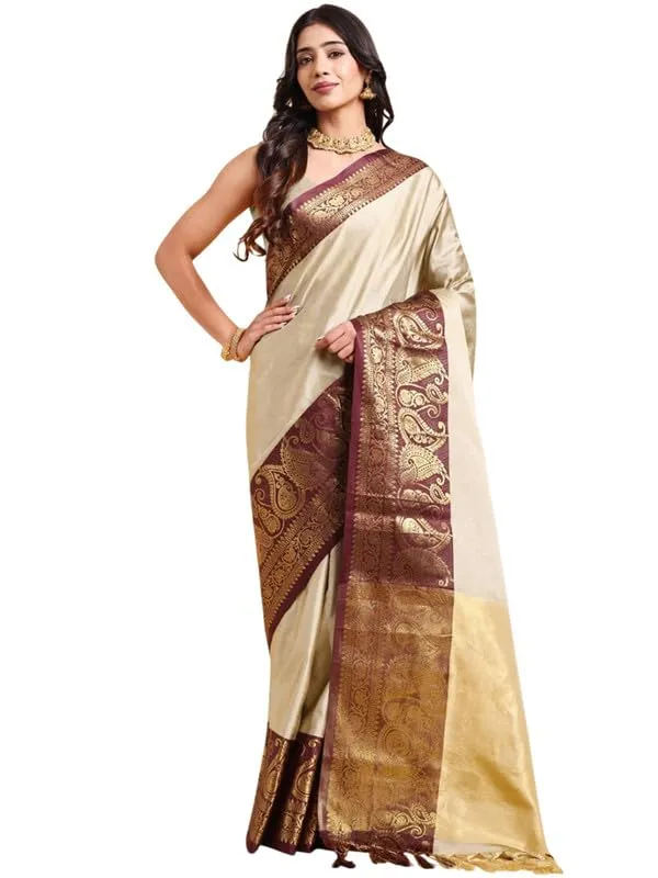Beige_Silk_Premium_&_Elegant_(_Zari_Paisley_Pattern_Broad_Border_)_Banarasi_Saree_With_Blouse_Piece_For_Women