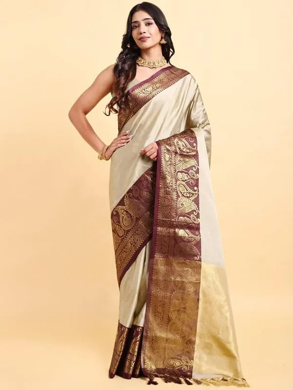 Beige_Silk_Premium_&_Elegant_(_Zari_Paisley_Pattern_Broad_Border_)_Banarasi_Saree_With_Blouse_Piece_For_Women