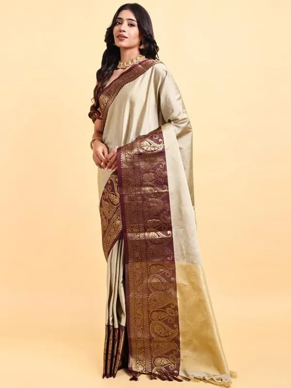 Beige_Silk_Premium_&_Elegant_(_Zari_Paisley_Pattern_Broad_Border_)_Banarasi_Saree_With_Blouse_Piece_For_Women