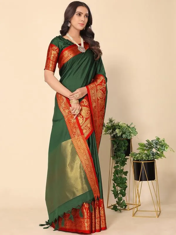 Bottle_Green_Silk_Premium_&_Elegant_(_Zari_Paisley_Pattern_Broad_Border_)_Banarasi_Saree_With_Blouse_Piece_For_Women