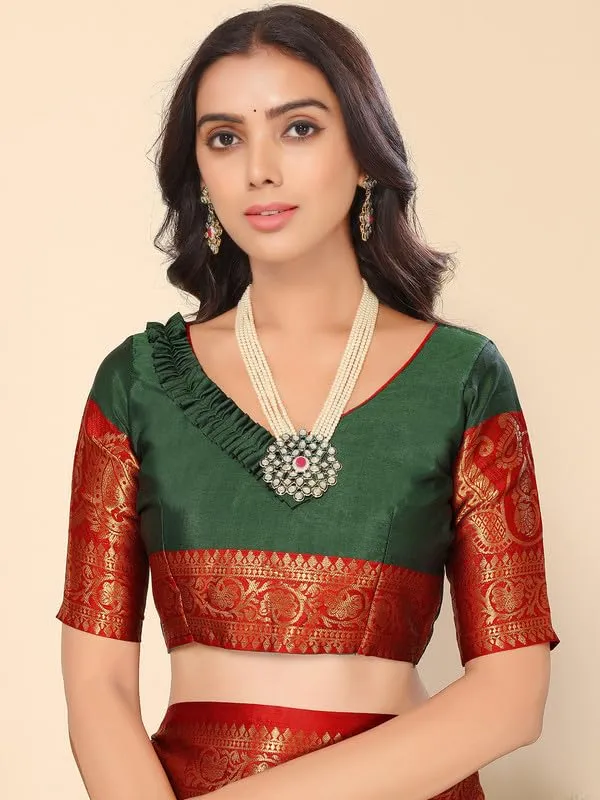Bottle_Green_Silk_Premium_&_Elegant_(_Zari_Paisley_Pattern_Broad_Border_)_Banarasi_Saree_With_Blouse_Piece_For_Women
