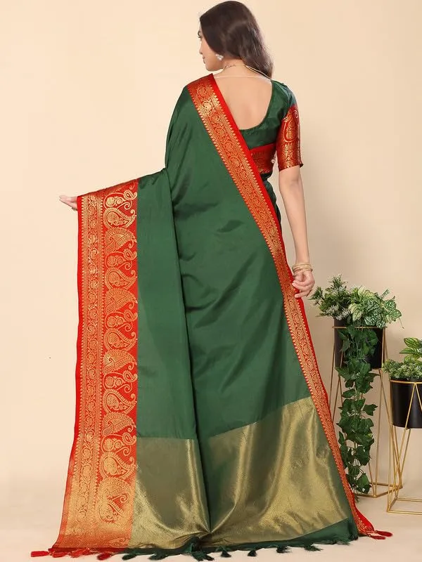 Bottle_Green_Silk_Premium_&_Elegant_(_Zari_Paisley_Pattern_Broad_Border_)_Banarasi_Saree_With_Blouse_Piece_For_Women