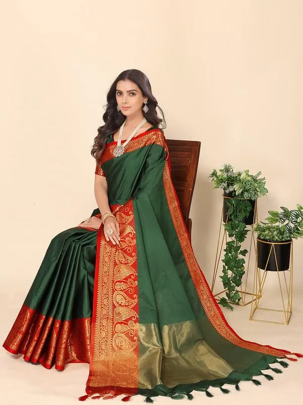 Bottle_Green_Silk_Premium_&_Elegant_(_Zari_Paisley_Pattern_Broad_Border_)_Banarasi_Saree_With_Blouse_Piece_For_Women