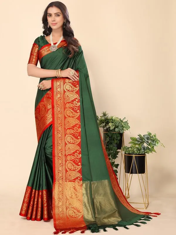 Bottle_Green_Silk_Premium_&_Elegant_(_Zari_Paisley_Pattern_Broad_Border_)_Banarasi_Saree_With_Blouse_Piece_For_Women