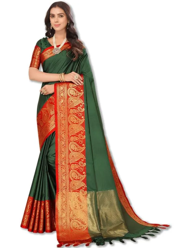 Bottle_Green_Silk_Premium_&_Elegant_(_Zari_Paisley_Pattern_Broad_Border_)_Banarasi_Saree_With_Blouse_Piece_For_Women