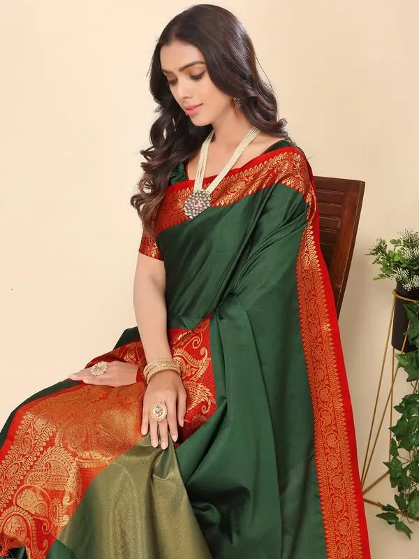 Bottle_Green_Silk_Premium_&_Elegant_(_Zari_Paisley_Pattern_Broad_Border_)_Banarasi_Saree_With_Blouse_Piece_For_Women