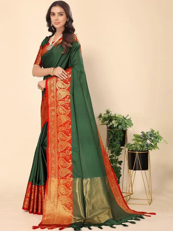 Bottle_Green_Silk_Premium_&_Elegant_(_Zari_Paisley_Pattern_Broad_Border_)_Banarasi_Saree_With_Blouse_Piece_For_Women