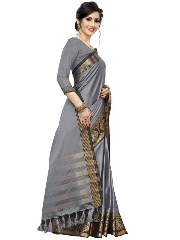 Grey_Silk_Premium_&_Elegant_(_Zari_Paisley_Pattern_Broad_Border_)_Banarasi_Saree_With_Blouse_Piece_For_Women