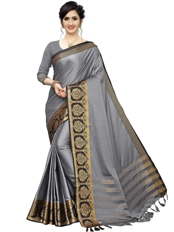 Grey_Silk_Premium_&_Elegant_(_Zari_Paisley_Pattern_Broad_Border_)_Banarasi_Saree_With_Blouse_Piece_For_Women