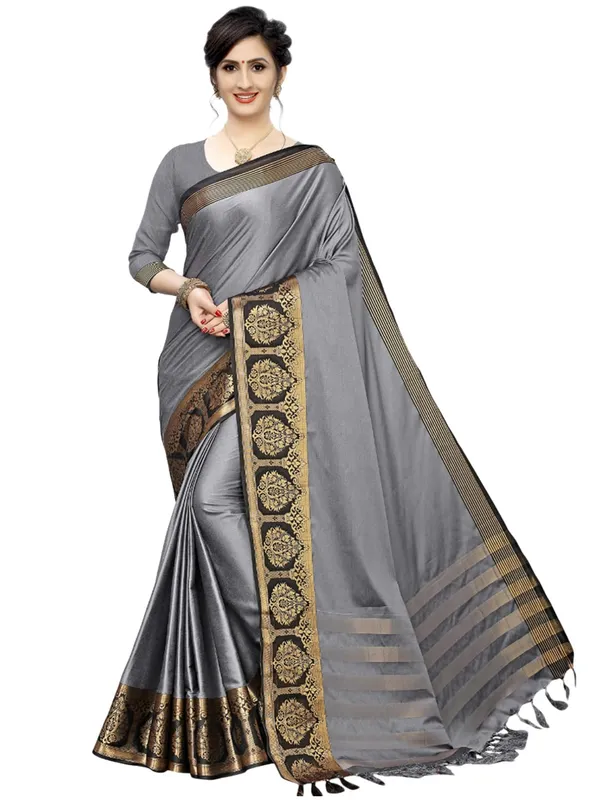 Grey_Silk_Premium_&_Elegant_(_Zari_Paisley_Pattern_Broad_Border_)_Banarasi_Saree_With_Blouse_Piece_For_Women