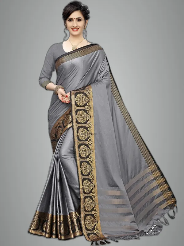 Grey_Silk_Premium_&_Elegant_(_Zari_Paisley_Pattern_Broad_Border_)_Banarasi_Saree_With_Blouse_Piece_For_Women