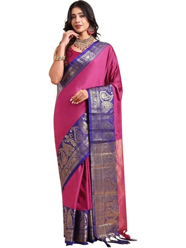 Dark_Pink_Silk_Premium_&_Elegant_(_Zari_Paisley_Pattern_Broad_Border_)_Banarasi_Saree_With_Blouse_Piece_For_Women