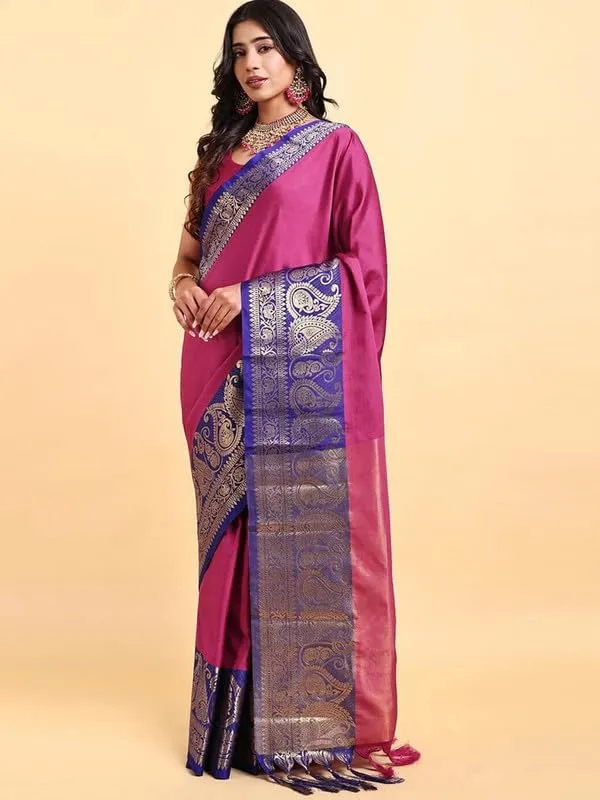 Dark_Pink_Silk_Premium_&_Elegant_(_Zari_Paisley_Pattern_Broad_Border_)_Banarasi_Saree_With_Blouse_Piece_For_Women