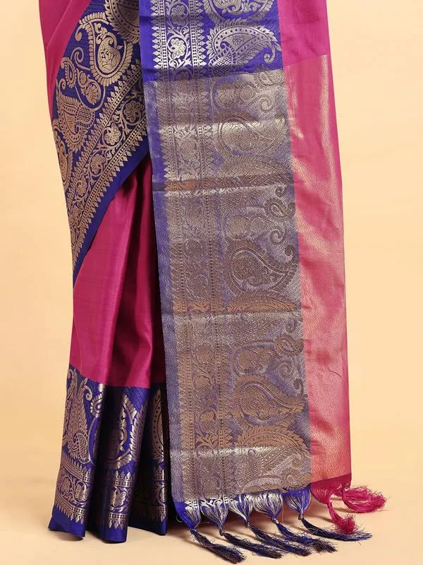 Dark_Pink_Silk_Premium_&_Elegant_(_Zari_Paisley_Pattern_Broad_Border_)_Banarasi_Saree_With_Blouse_Piece_For_Women