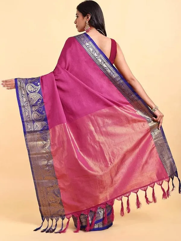 Dark_Pink_Silk_Premium_&_Elegant_(_Zari_Paisley_Pattern_Broad_Border_)_Banarasi_Saree_With_Blouse_Piece_For_Women