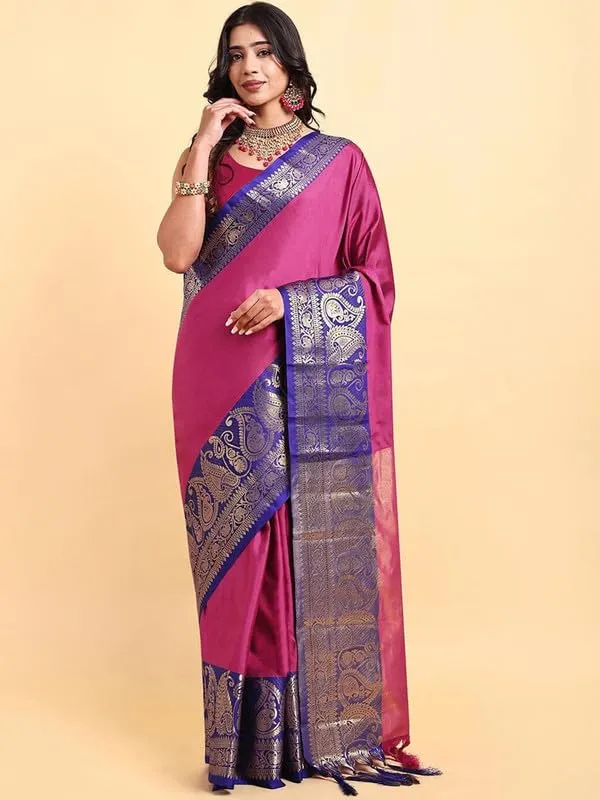 Dark_Pink_Silk_Premium_&_Elegant_(_Zari_Paisley_Pattern_Broad_Border_)_Banarasi_Saree_With_Blouse_Piece_For_Women