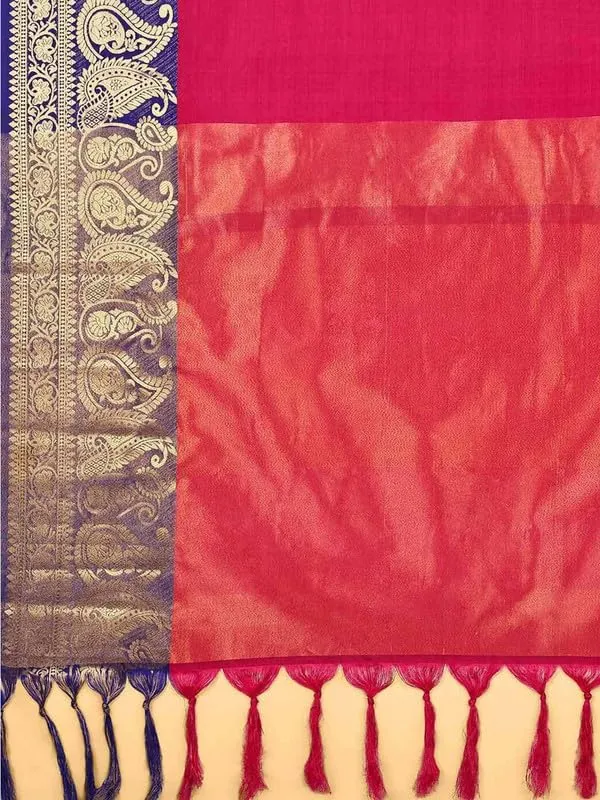 Dark_Pink_Silk_Premium_&_Elegant_(_Zari_Paisley_Pattern_Broad_Border_)_Banarasi_Saree_With_Blouse_Piece_For_Women