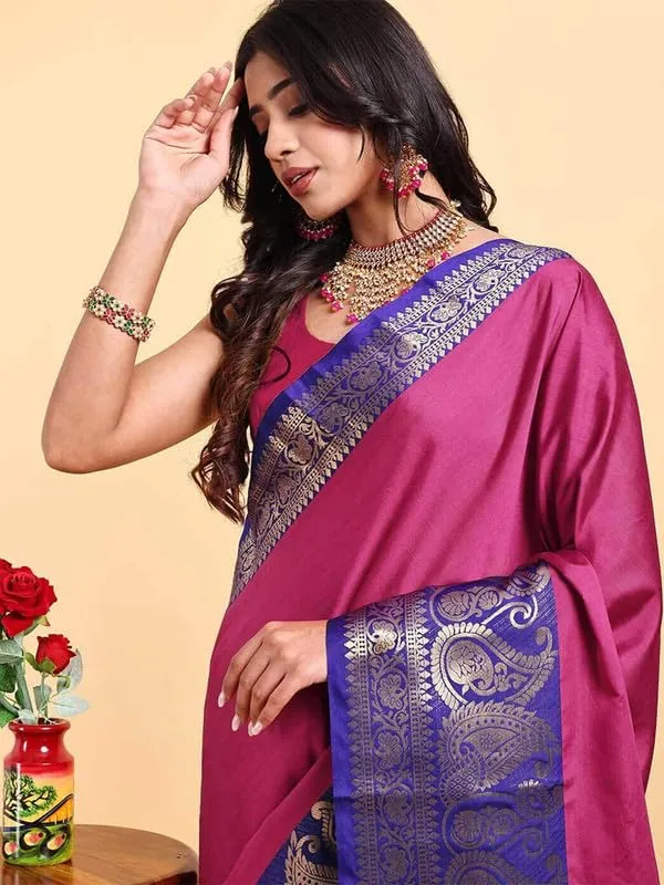 Dark_Pink_Silk_Premium_&_Elegant_(_Zari_Paisley_Pattern_Broad_Border_)_Banarasi_Saree_With_Blouse_Piece_For_Women