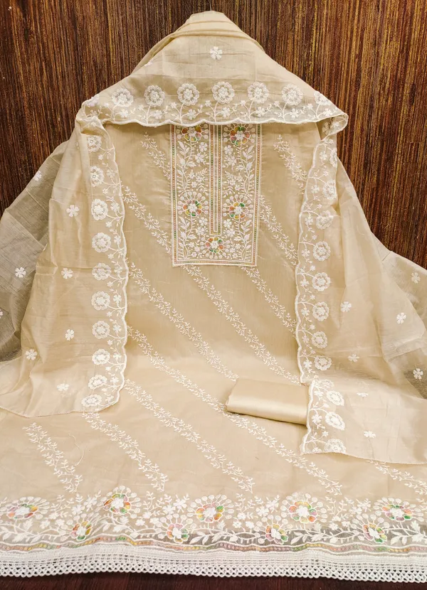 Beige_Chanderi_Cotton_Salwar_Suit_Dress_Material_With_Heavy_White_Thread_Work_&_Embroidered_Dupatta_Unstitched