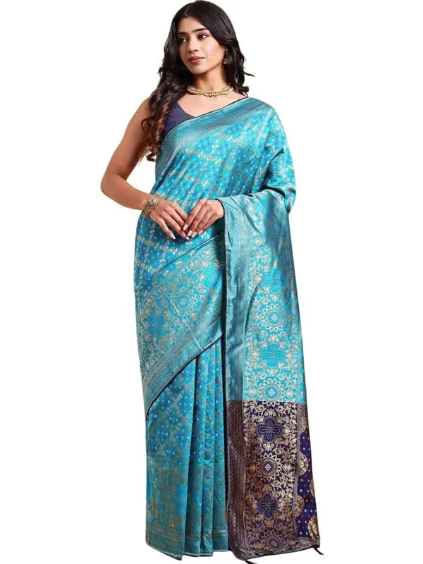 Firozi_Polyester_Premium_&_Elegant_Banarasi_Fusion_Saree_With_Blouse_Piece_For_Women
