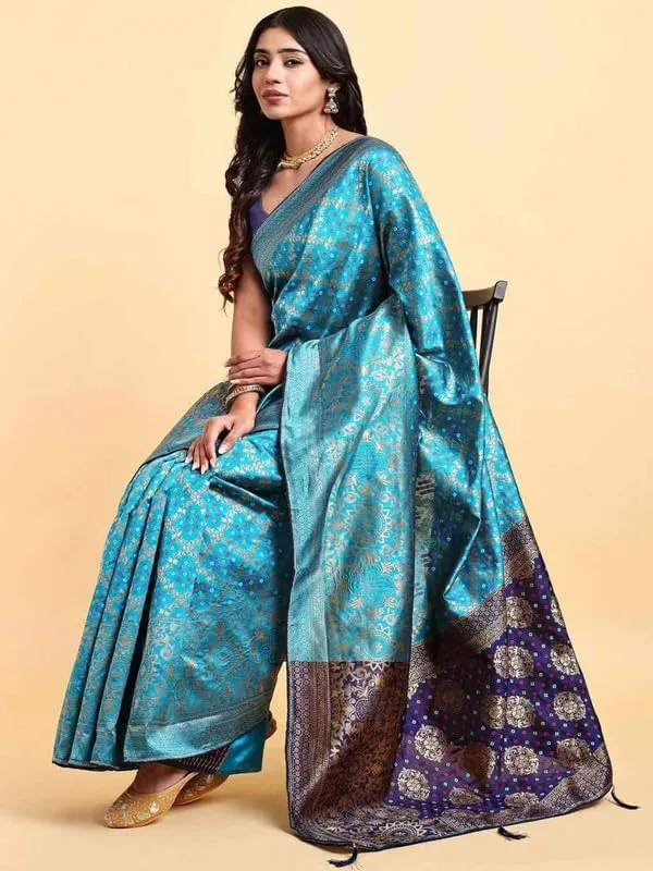 Firozi_Polyester_Premium_&_Elegant_Banarasi_Fusion_Saree_With_Blouse_Piece_For_Women