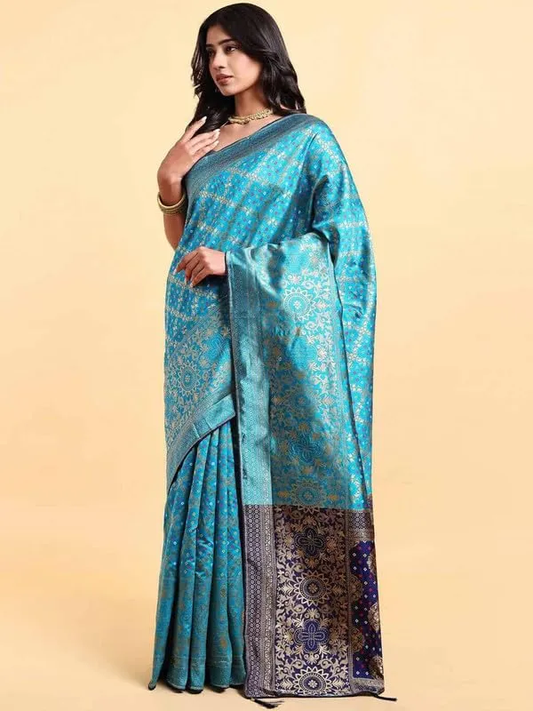 Firozi_Polyester_Premium_&_Elegant_Banarasi_Fusion_Saree_With_Blouse_Piece_For_Women