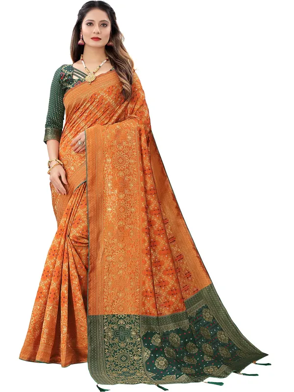Orange_Polyester_Premium_&_Elegant_Banarasi_Fusion_Saree_With_Blouse_Piece_For_Women