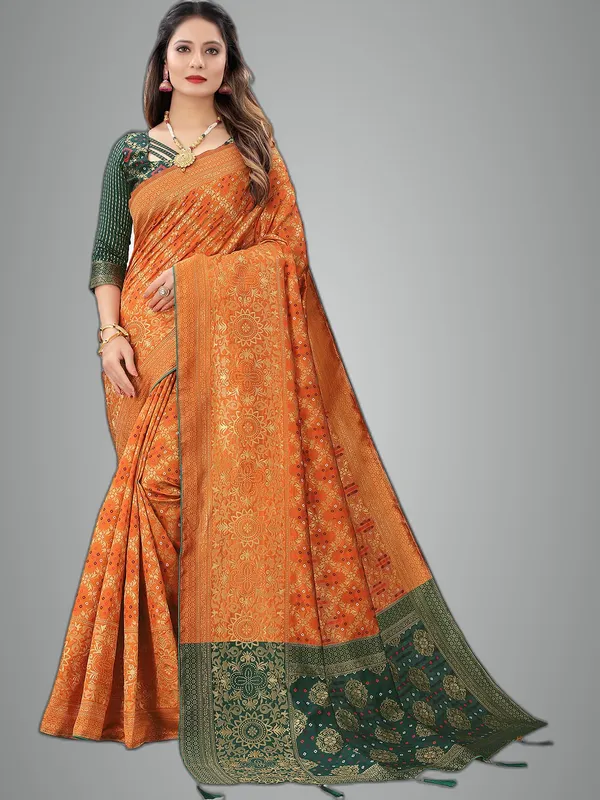 Orange_Polyester_Premium_&_Elegant_Banarasi_Fusion_Saree_With_Blouse_Piece_For_Women