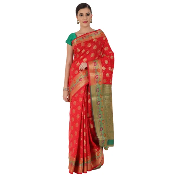 Red_Cotton_Silk_Premium_&_Elegant_Banarasi_Saree_With_Blouse_Piece_For_Women