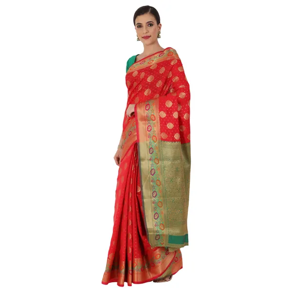 Red_Cotton_Silk_Premium_&_Elegant_Banarasi_Saree_With_Blouse_Piece_For_Women