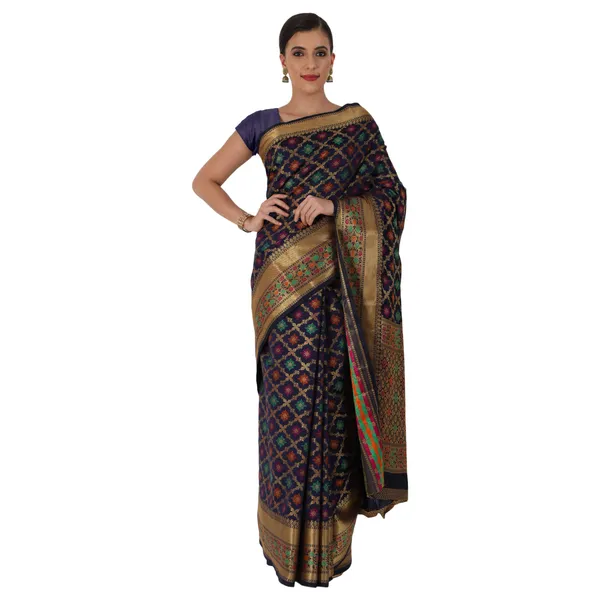 Navy_Blue_Cotton_Silk_Premium_&_Elegant_Banarasi_Saree_With_Blouse_Piece_For_Women
