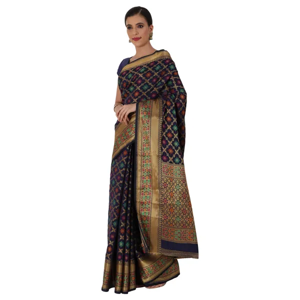 Navy_Blue_Cotton_Silk_Premium_&_Elegant_Banarasi_Saree_With_Blouse_Piece_For_Women