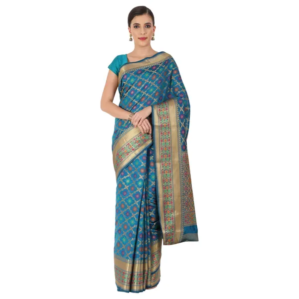 Teal_Blue_Cotton_Silk_Premium_&_Elegant_Banarasi_Saree_With_Blouse_Piece_For_Women