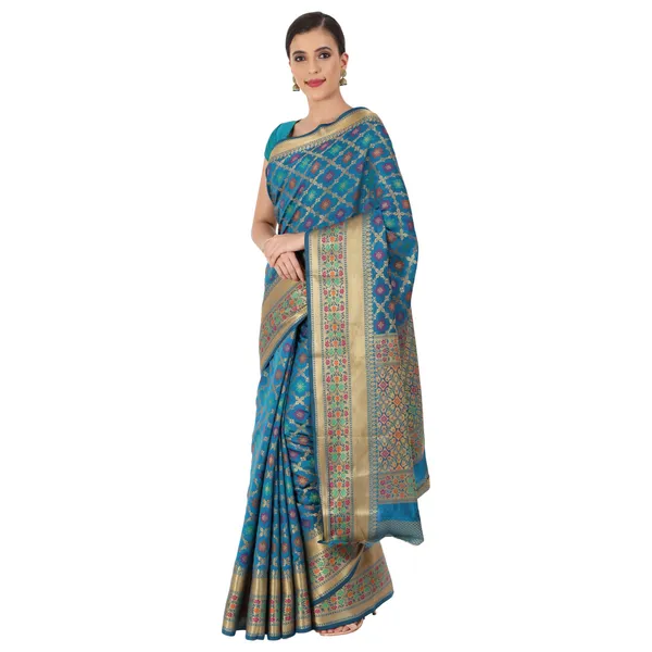 Teal_Blue_Cotton_Silk_Premium_&_Elegant_Banarasi_Saree_With_Blouse_Piece_For_Women