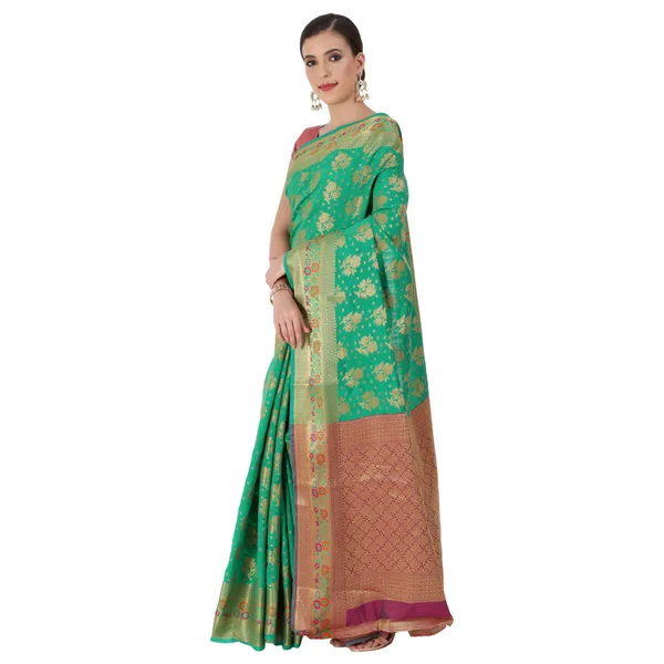 Dark_Green_Cotton_Silk_Premium_&_Elegant_Banarasi_Saree_With_Blouse_Piece_For_Women