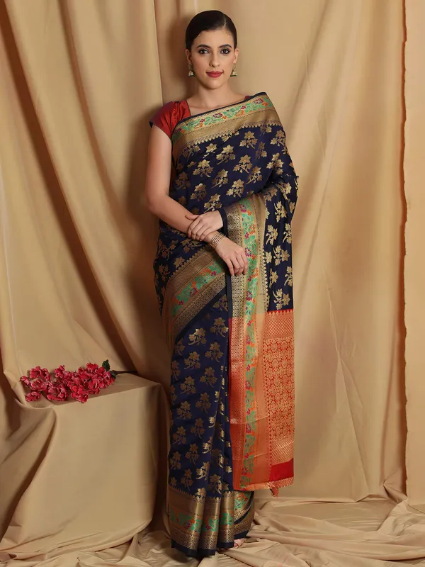 Dark_Blue_Cotton_Silk_Premium_&_Elegant_Banarasi_Saree_With_Blouse_Piece_For_Women