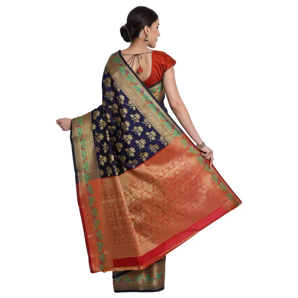 Dark_Blue_Cotton_Silk_Premium_&_Elegant_Banarasi_Saree_With_Blouse_Piece_For_Women