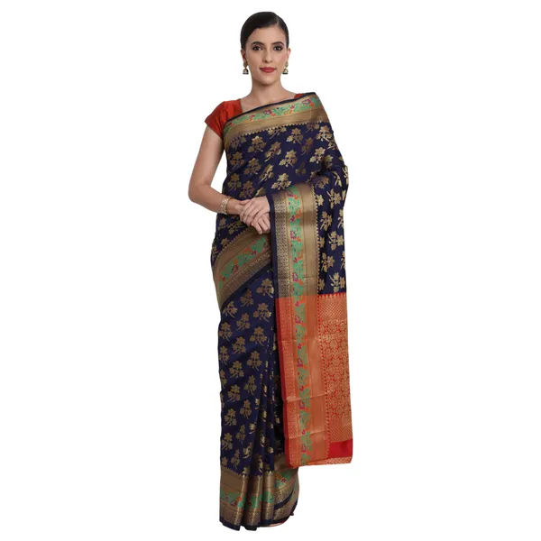 Dark_Blue_Cotton_Silk_Premium_&_Elegant_Banarasi_Saree_With_Blouse_Piece_For_Women