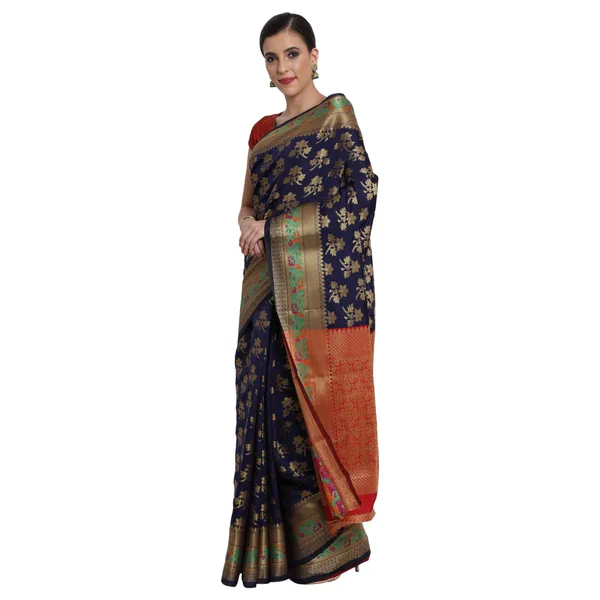 Dark_Blue_Cotton_Silk_Premium_&_Elegant_Banarasi_Saree_With_Blouse_Piece_For_Women