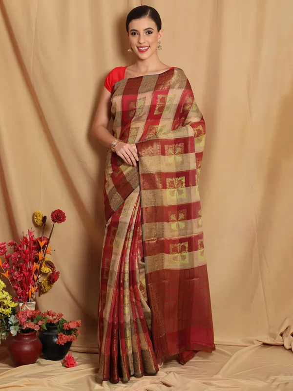 Beige_&_Maroon_Cotton_Silk_Premium_&_Elegant_Banarasi_Saree_With_Blouse_Piece_For_Women