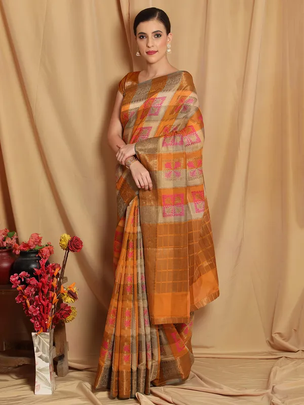 Beige_&_Orange_Cotton_Silk_Premium_&_Elegant_Banarasi_Saree_With_Blouse_Piece_For_Women