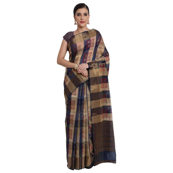 Beige_&_Navy_Blue_Cotton_Silk_Premium_&_Elegant_Banarasi_Saree_With_Blouse_Piece_For_Women