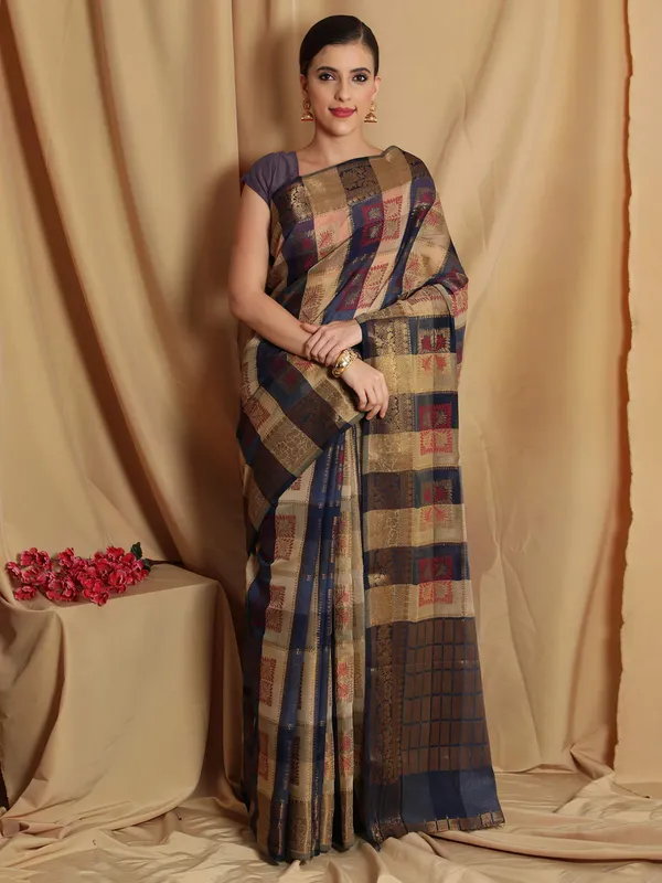 Beige_&_Navy_Blue_Cotton_Silk_Premium_&_Elegant_Banarasi_Saree_With_Blouse_Piece_For_Women