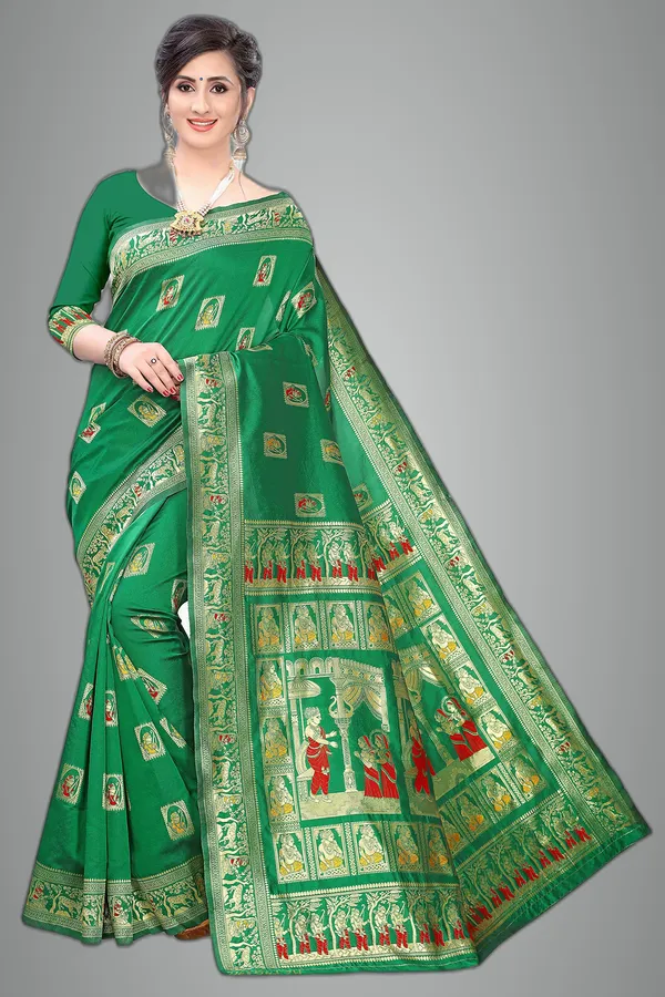 Dark_Green_Silk_Jacquard_Premium_&_Elegant_(_Jacquard_)_Banarasi_Saree_With_Blouse_Piece_For_Women