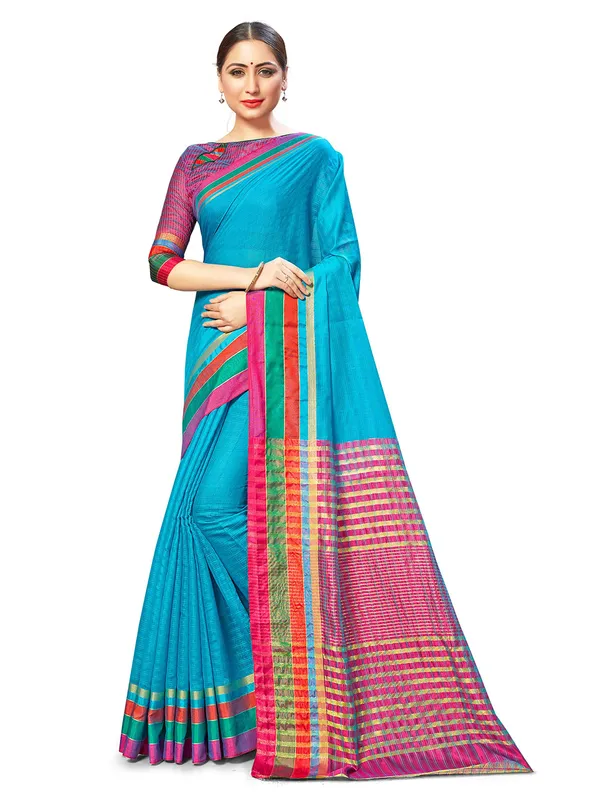 Blue_Cotton_Silk_Premium_&_Elegant_Saree_Saree_With_Blouse_Piece_For_Women