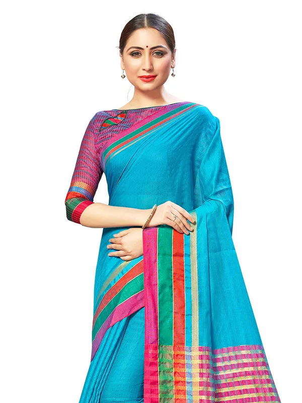 Blue_Cotton_Silk_Premium_&_Elegant_Saree_Saree_With_Blouse_Piece_For_Women