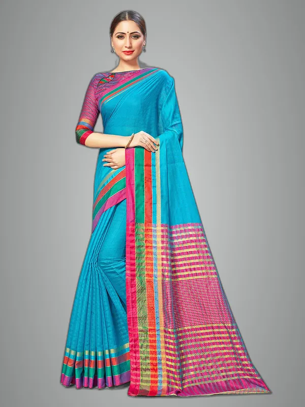 Blue_Cotton_Silk_Premium_&_Elegant_Saree_Saree_With_Blouse_Piece_For_Women